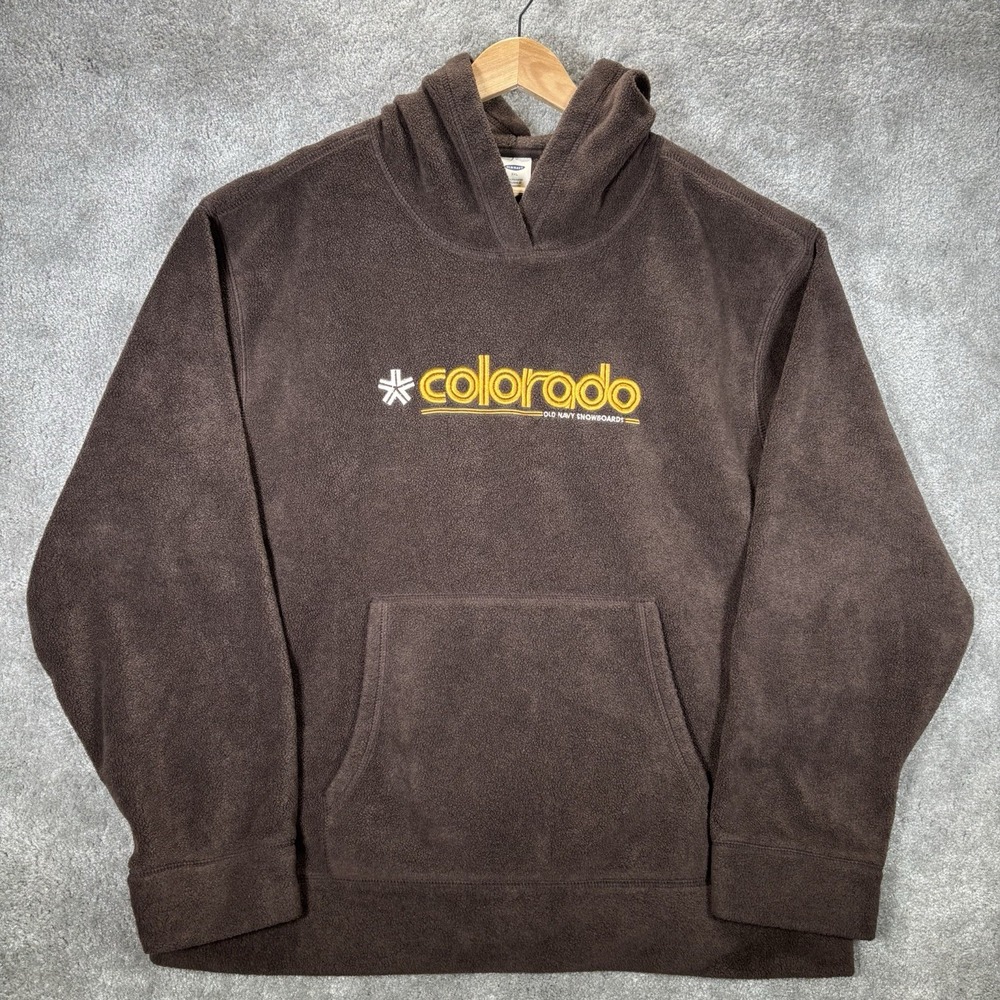 Vintage Old Navy Hoodie Sweatshirt Men 2XL Brown Fleece Graphic Snowboarding Y2K